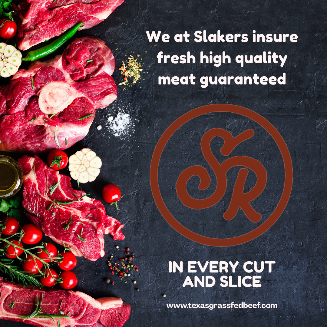 Raw meat with fresh vegetables on a dark surface, featuring Slakers branding.