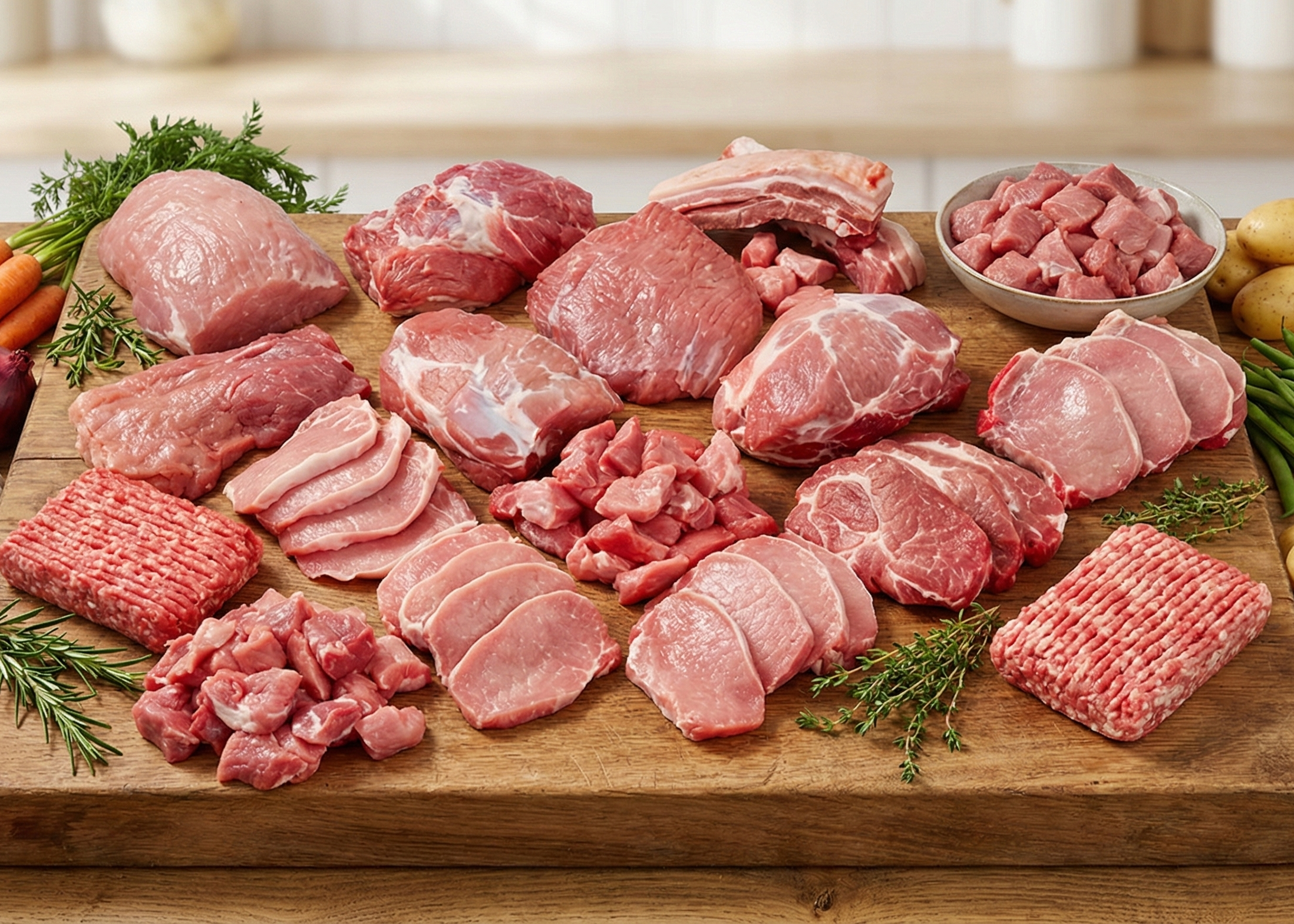 Assorted healthy & pastured raised meat box  on wood board