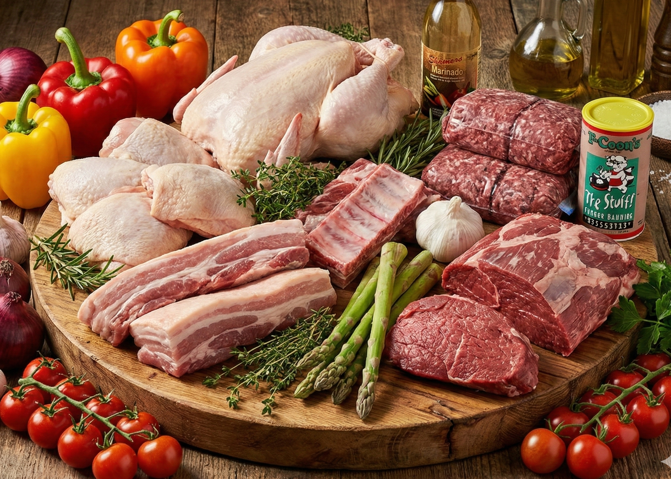 Assorted raw meats and vegetables on a wooden board with a rustic background.