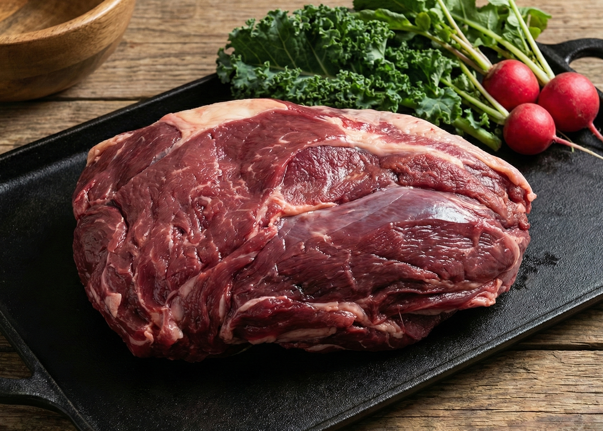 Beef Boneless Chuck Roast on a black tray with vegetables on a wooden surface