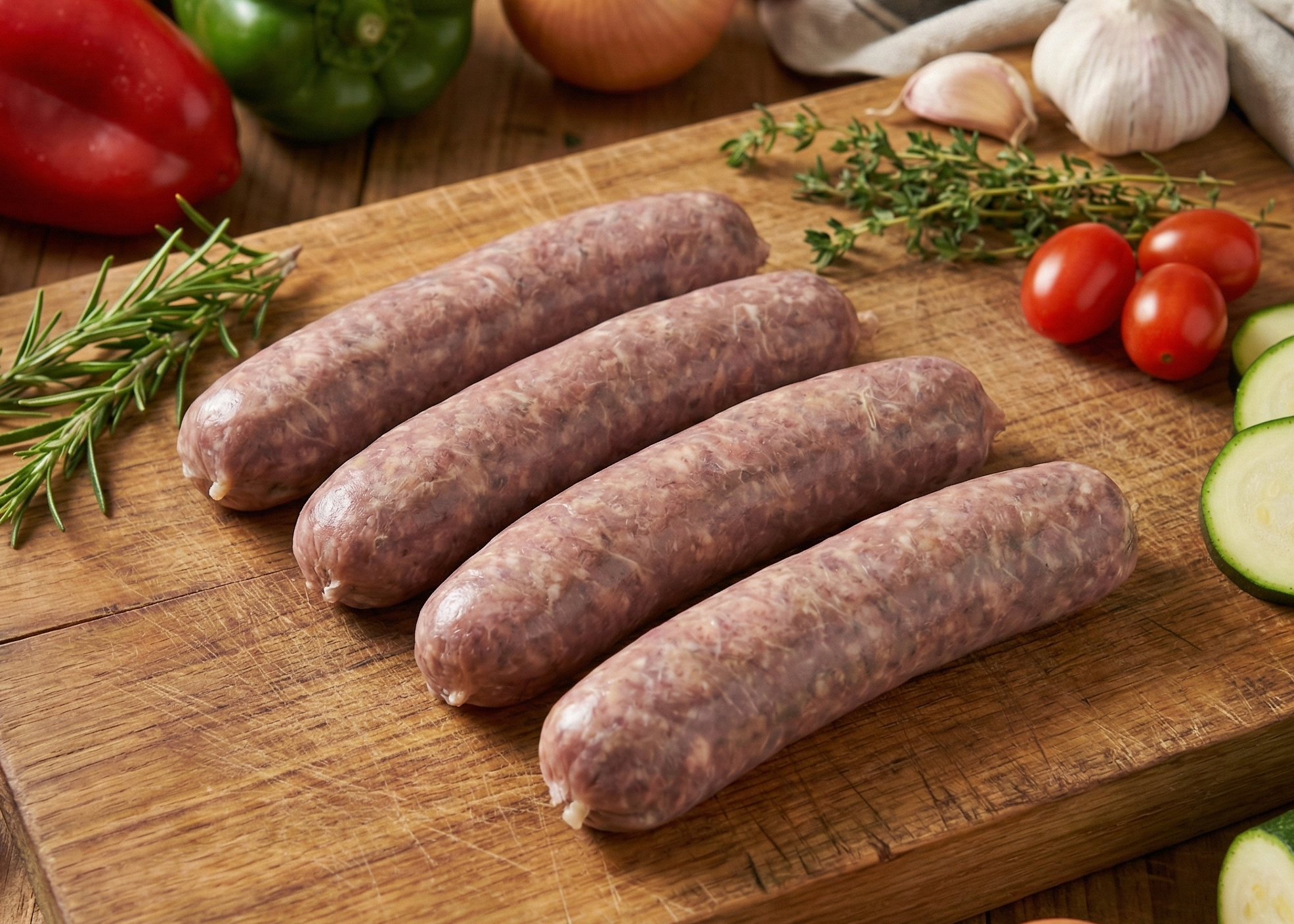Beef Bratwurst (Uncooked) on a wooden cutting board with vegetables