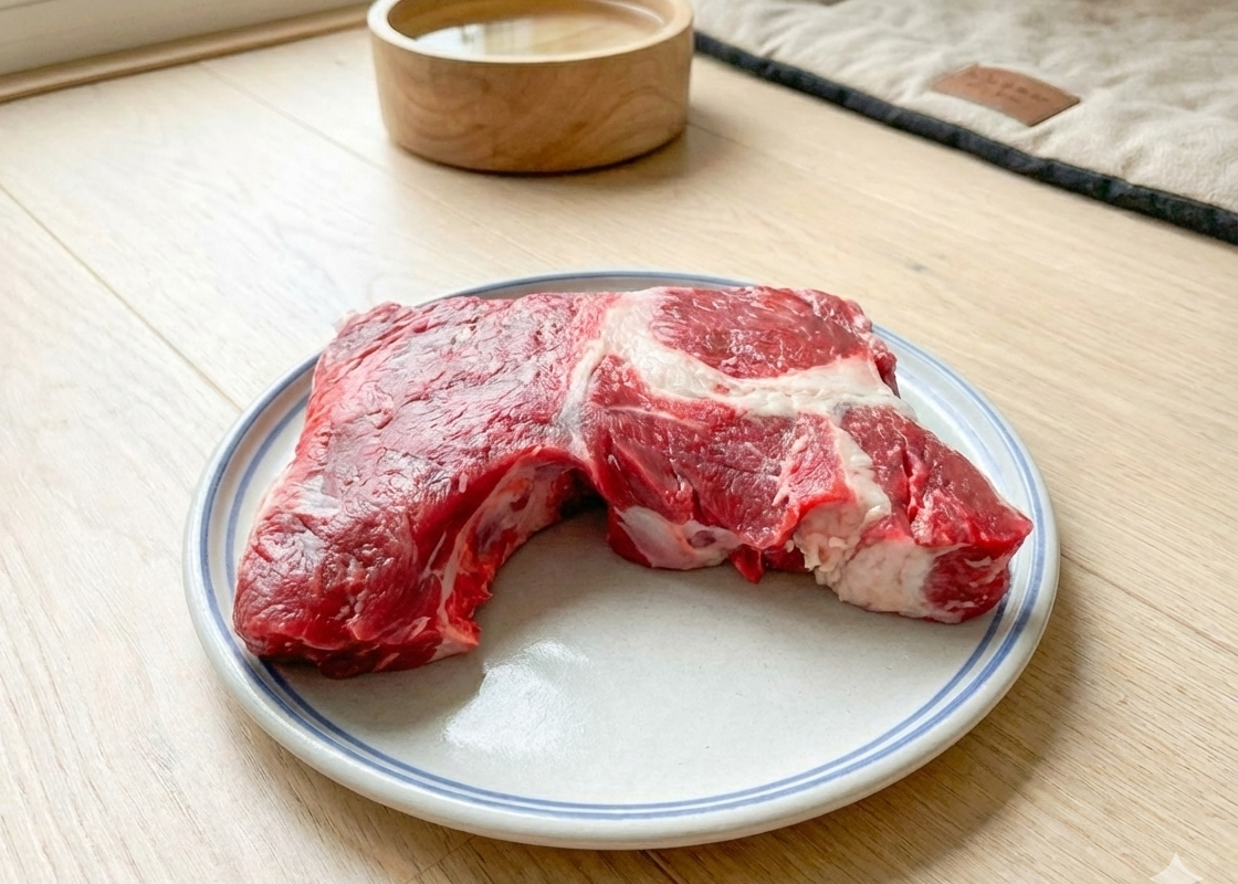 Beef Dog Gnawing Bones on a plate with a pet bowl and pet bed in the background on a wooden floor.