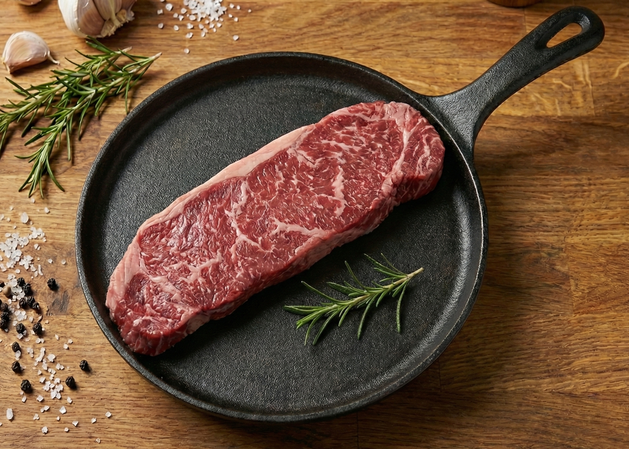 Beef Flat Iron Steak in a cast iron skillet on a wooden surface with herbs and spices.