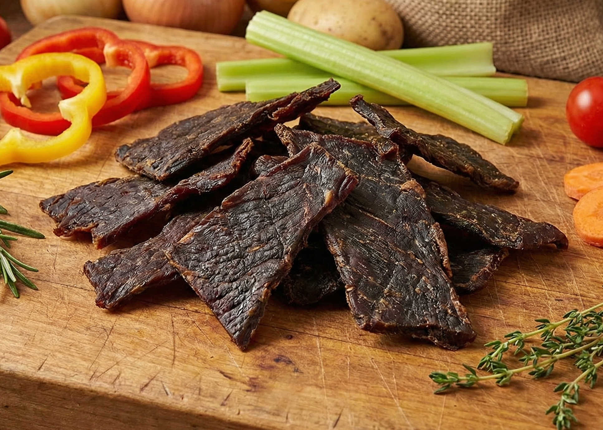Beef Jerky Original in a wooden board