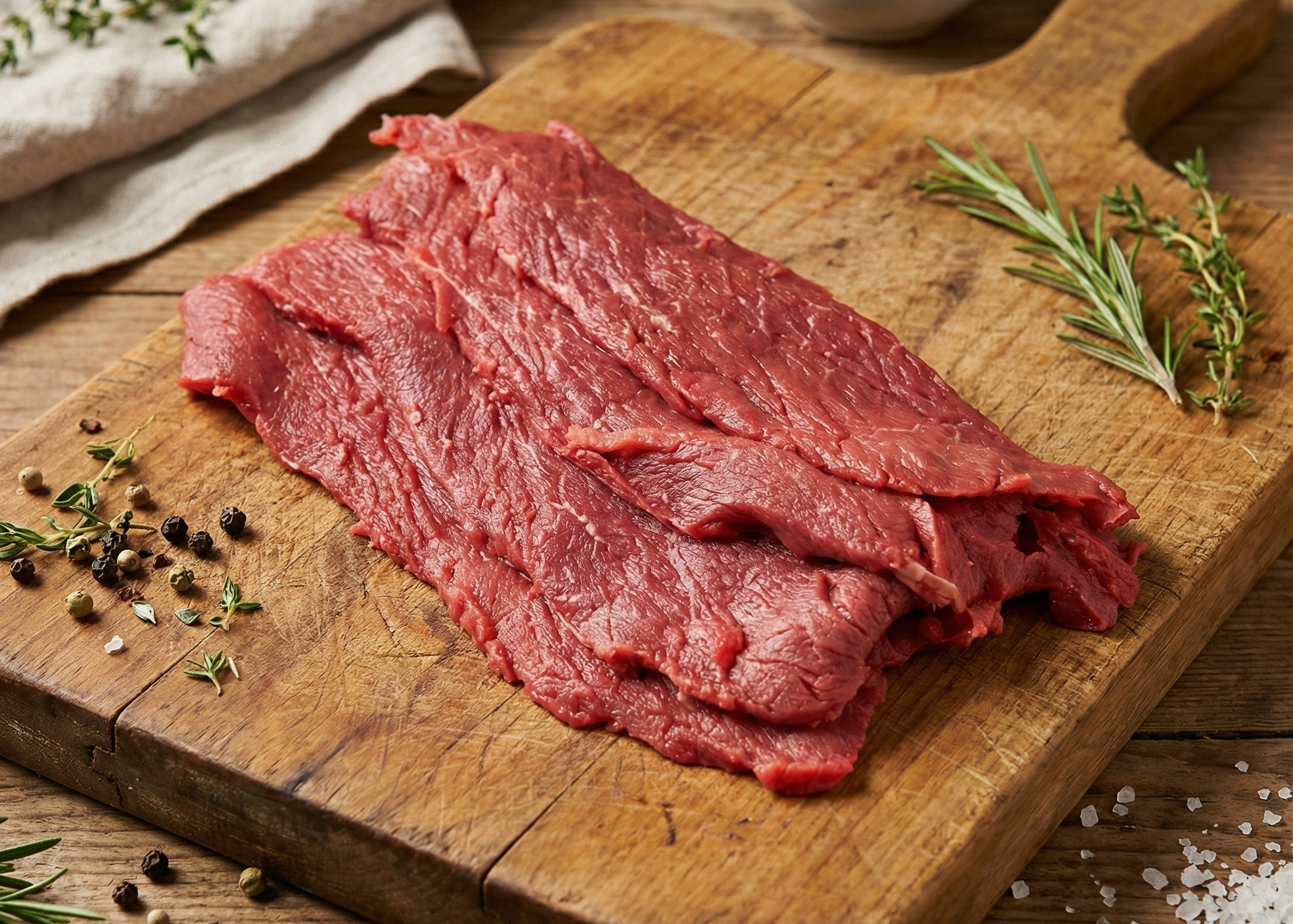 Beef Jerky Uncooked Meat on a wood boart