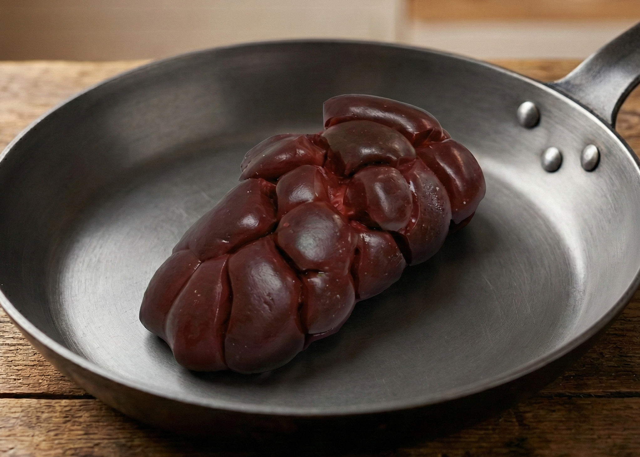 Beef Kidney in a metal frying pan on a wooden surface