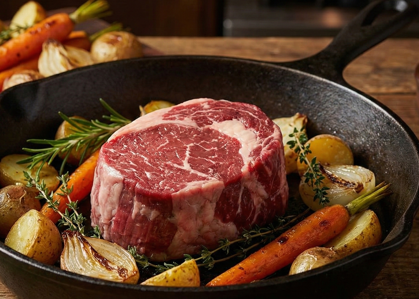 Beef Single Tenderloin Filet with vegetables in a cast iron skillet on a wooden surface