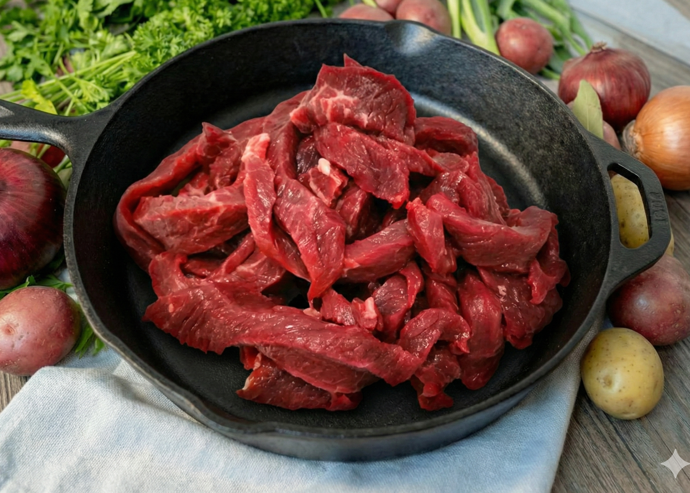Beef Sirloin Stir Fry Strips in a black cast iron skillet surrounded by vegetables on a wooden surface