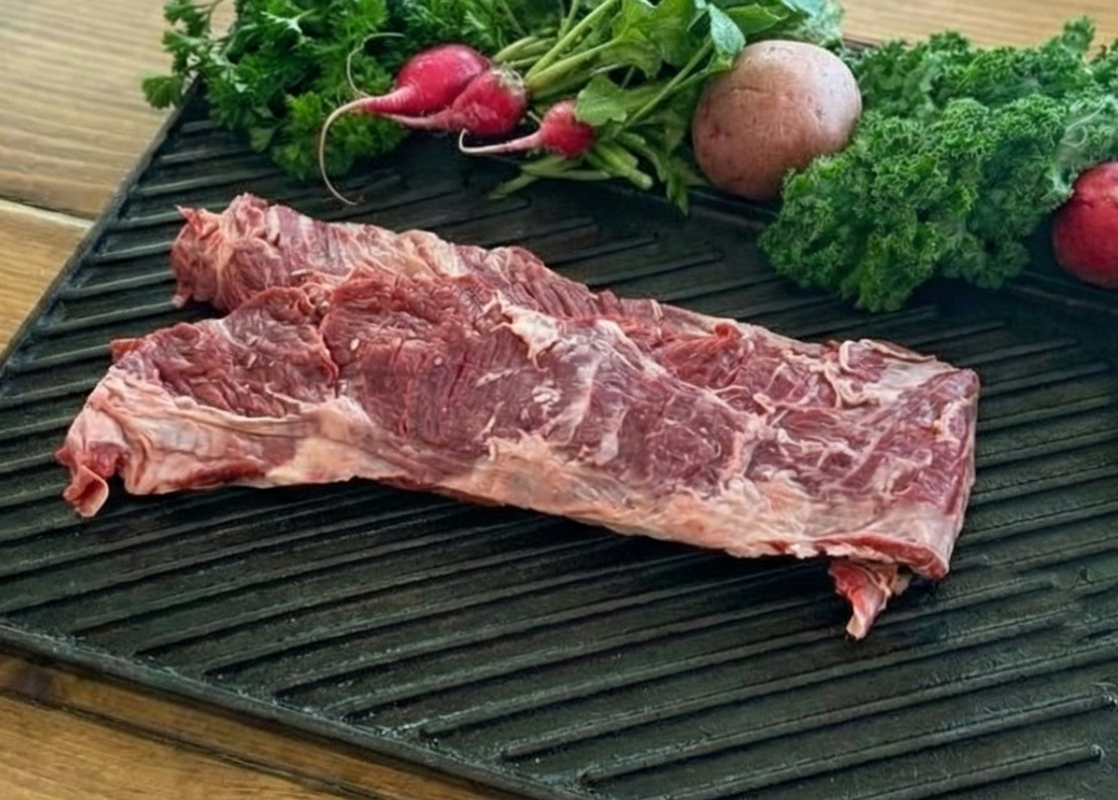 Beef Skirt Steak on a black grill mat with vegetables on a wooden surface