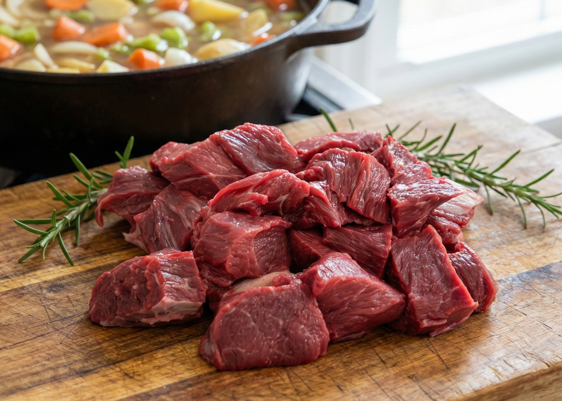 Beef Stew Meat on a wooden board