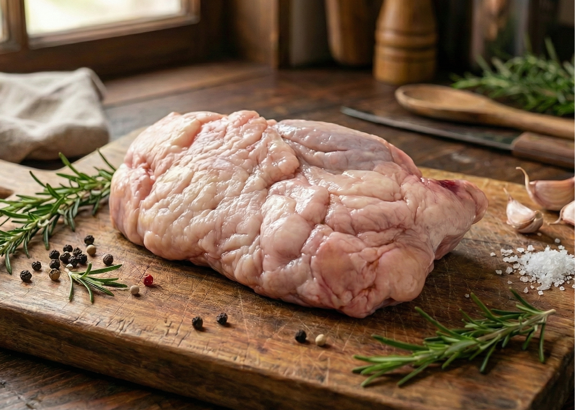 Beef Sweetbreads on a wooden cutting board with herbs and spices