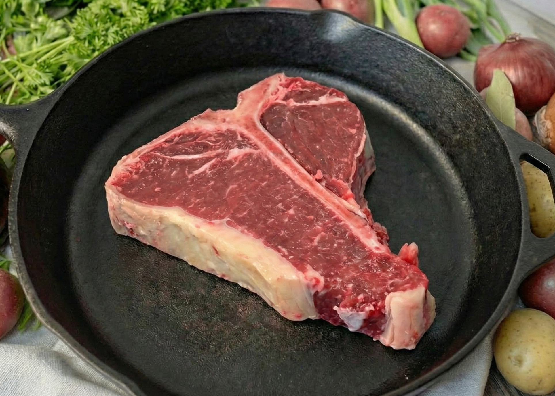 Beef T-Bone Steak on black pan