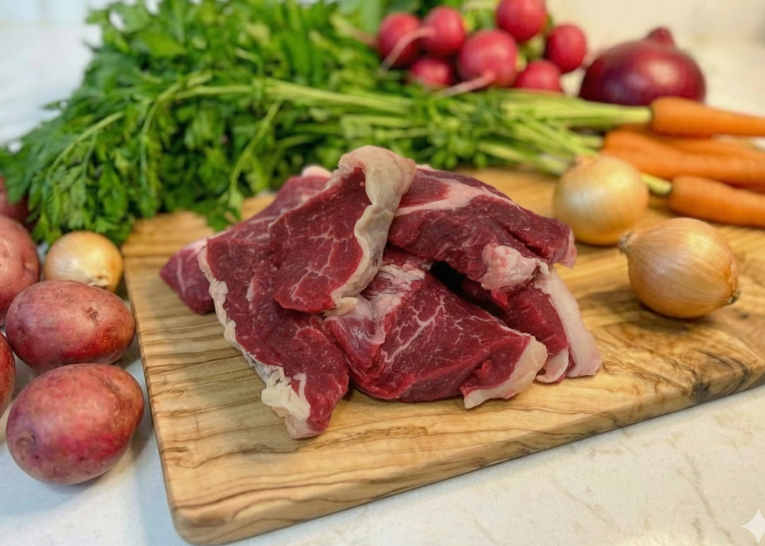 Beef Tri-Tip Steak on a wooden cutting board with vegetables in the background