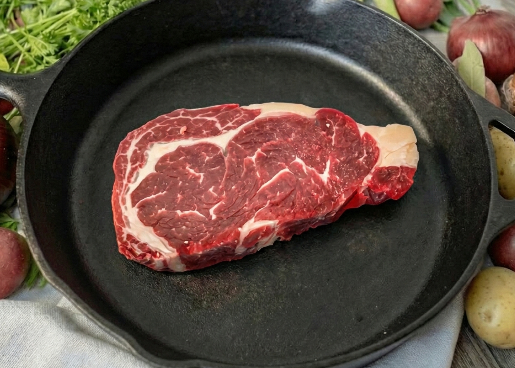 Boneless Beef Single Ribeye Steak on a black pan 