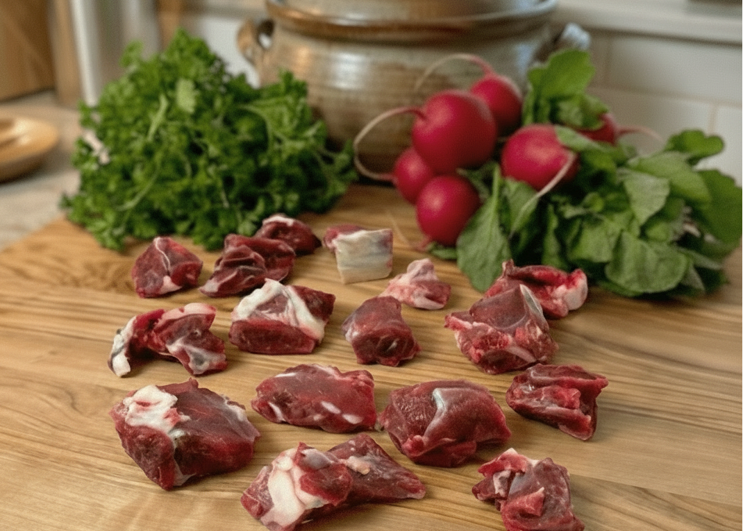 Boneless Lamb Stew Meat in a wood board