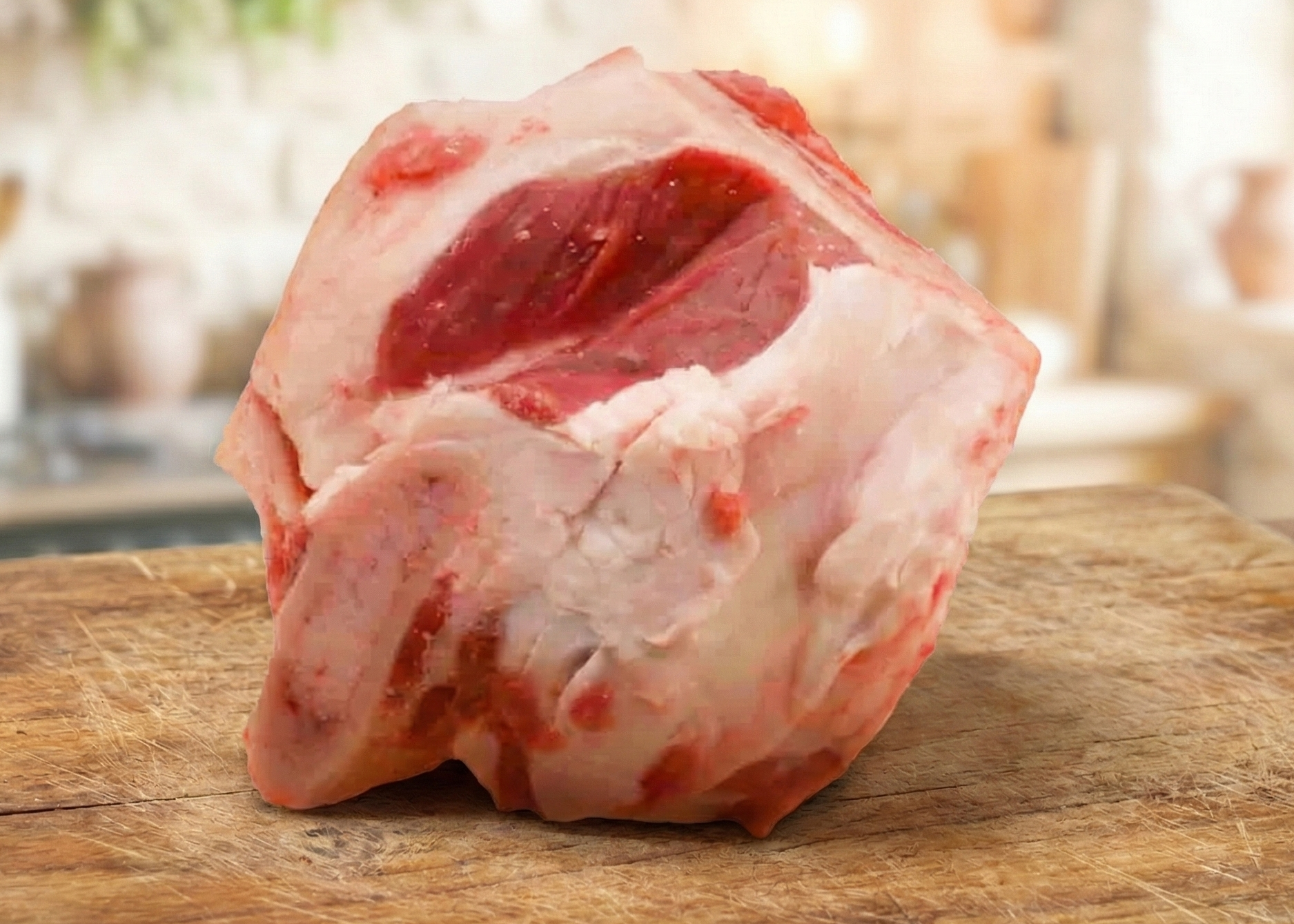 Buffalo Marrow Bone Knuckle on a wooden cutting board with a blurred kitchen background
