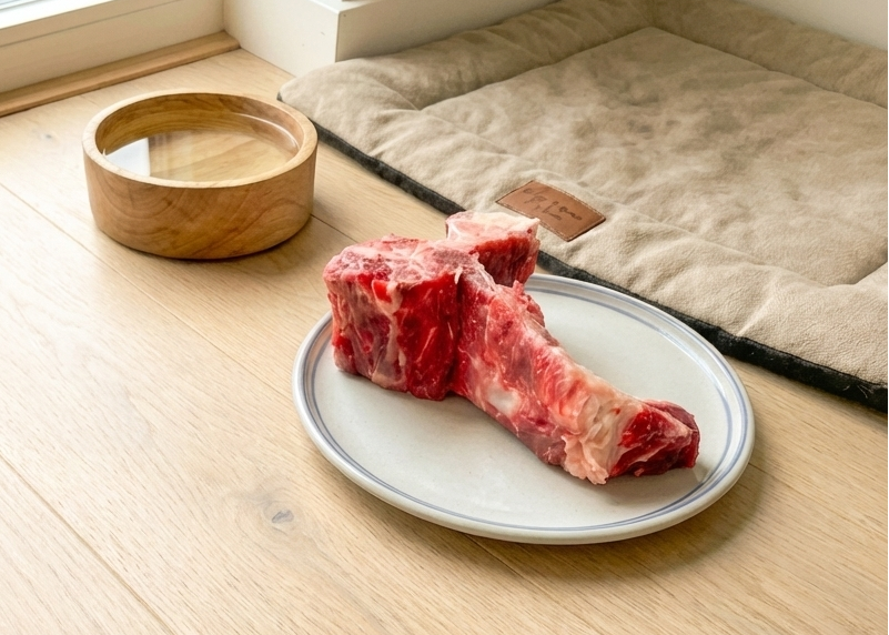 Dog Beef T-Bones on a dog plate on a wooden floor with a pet bed and bowl in the background.
