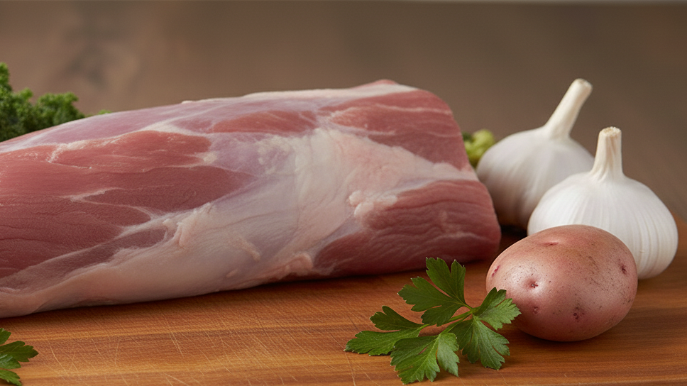 Raw pork tenderloin on a wooden cutting board with herbs and garlic cloves.