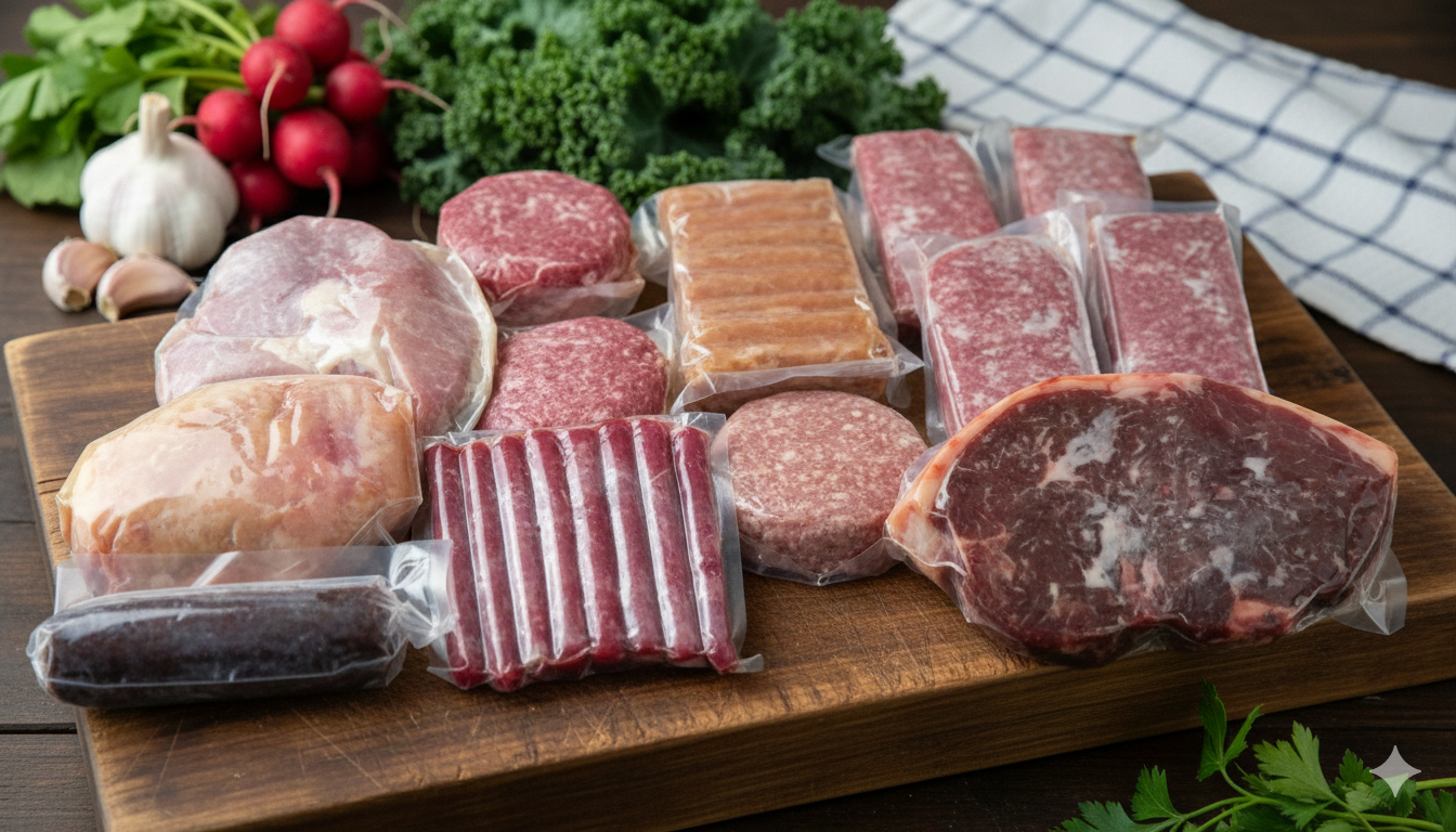 Assorted packaged meats on a wooden board with fresh vegetables in the background