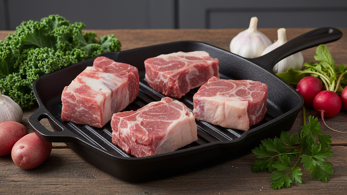 Country style pork ribs on a grill pan with vegetables on a wooden table
