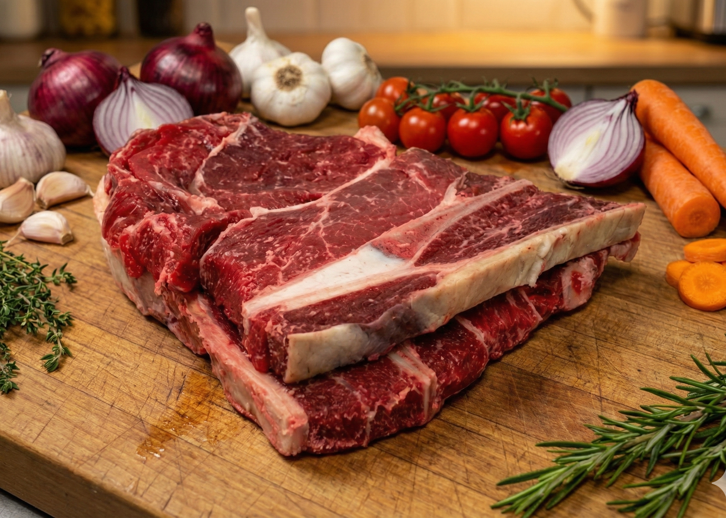 Grass Fed Beef Chuck Steak on a wooden cutting board with vegetables in the background