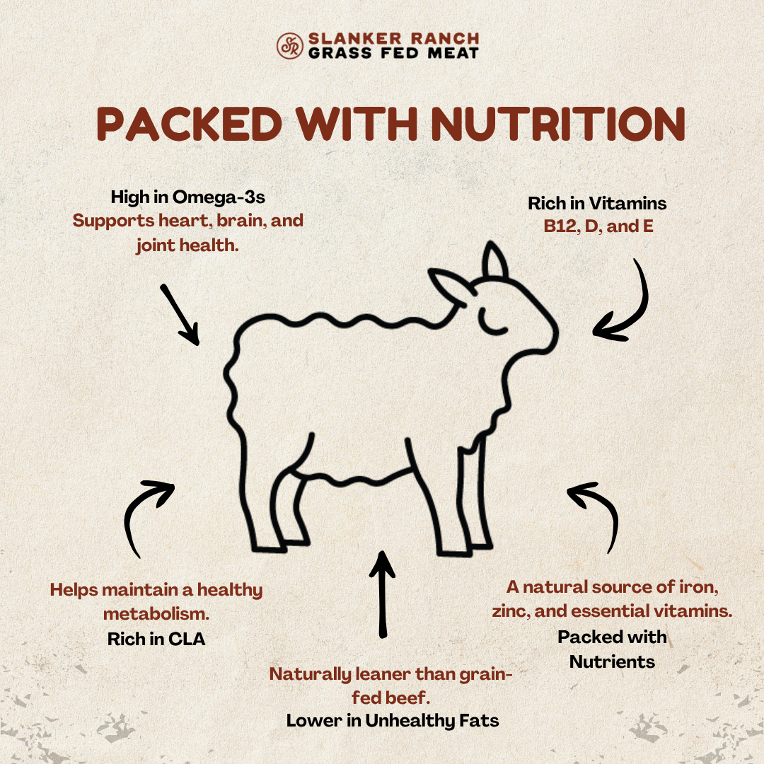 Diagram of a sheep with nutritional benefits, featuring 'Slanker Ranch Pasture Raised lamb