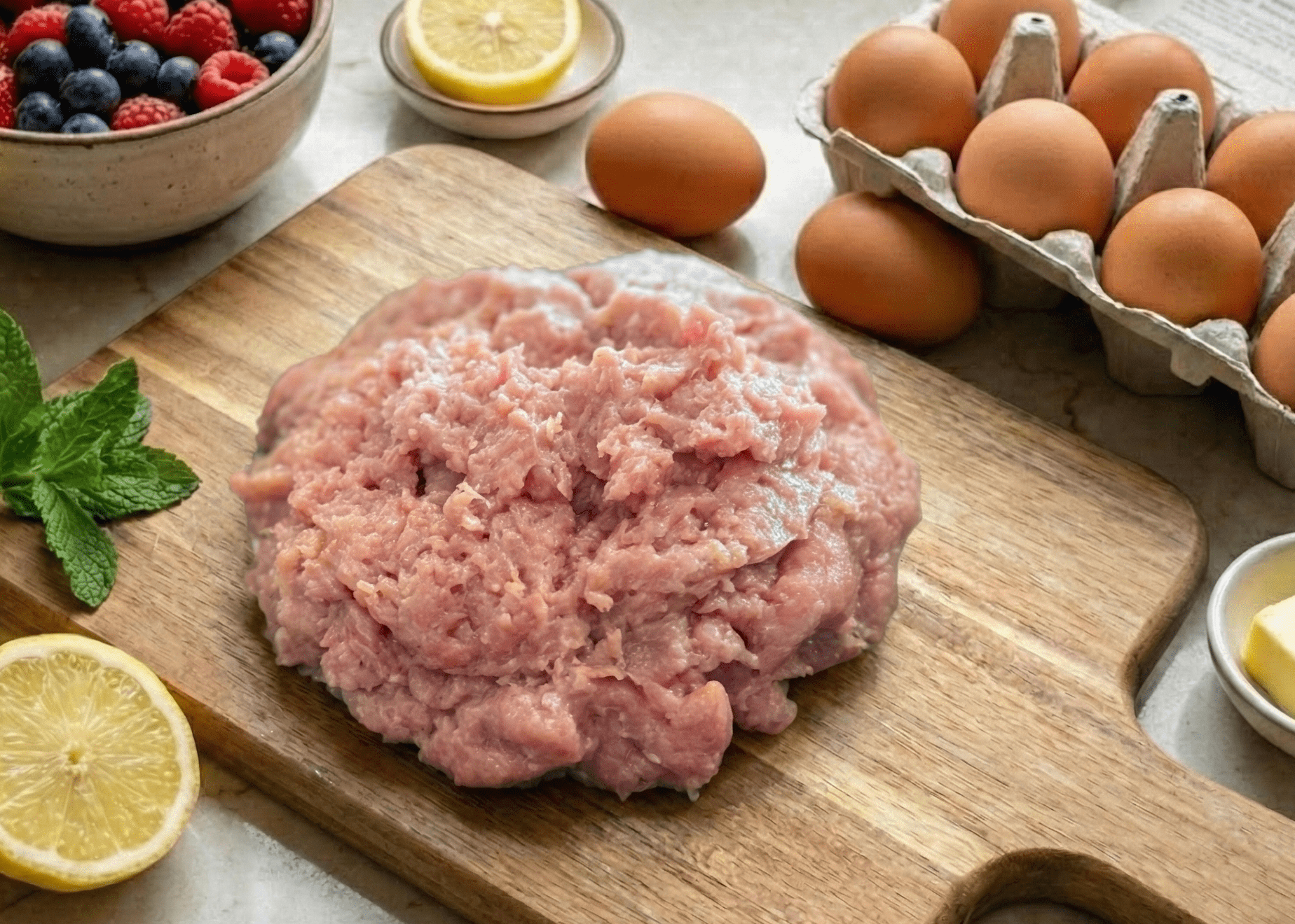 Ground  pork breakfast sausage wooden cutting board with lemons, berries, and eggs on a marble surface