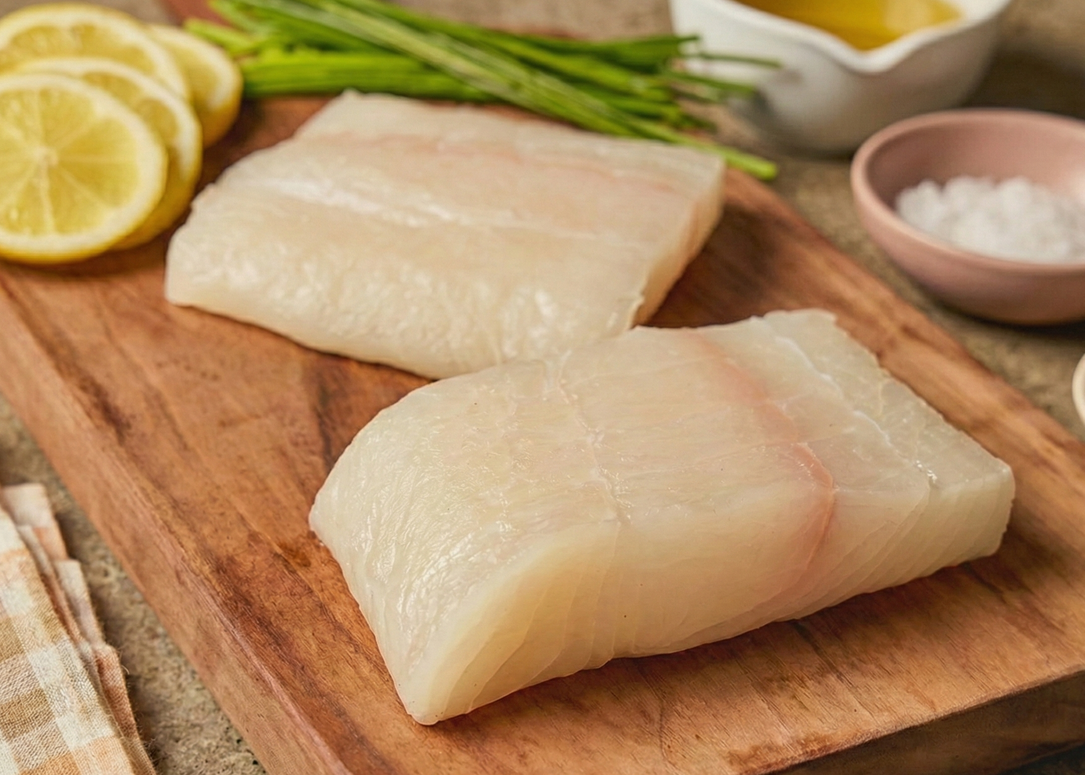 Halibut Pacific Steaks USA on a wooden board