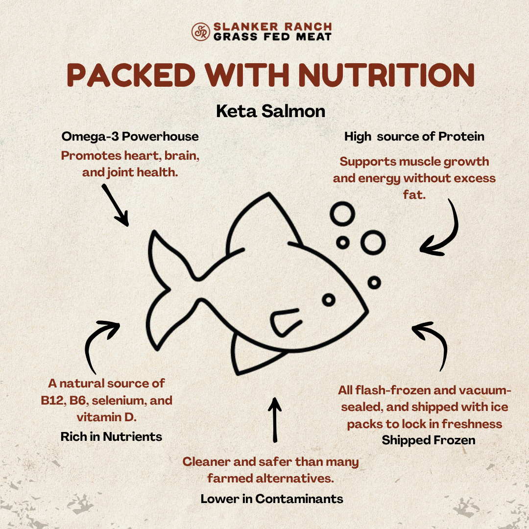 Diagram of wild caught Keta Salmon, highlighting nutritional benefits and freshness