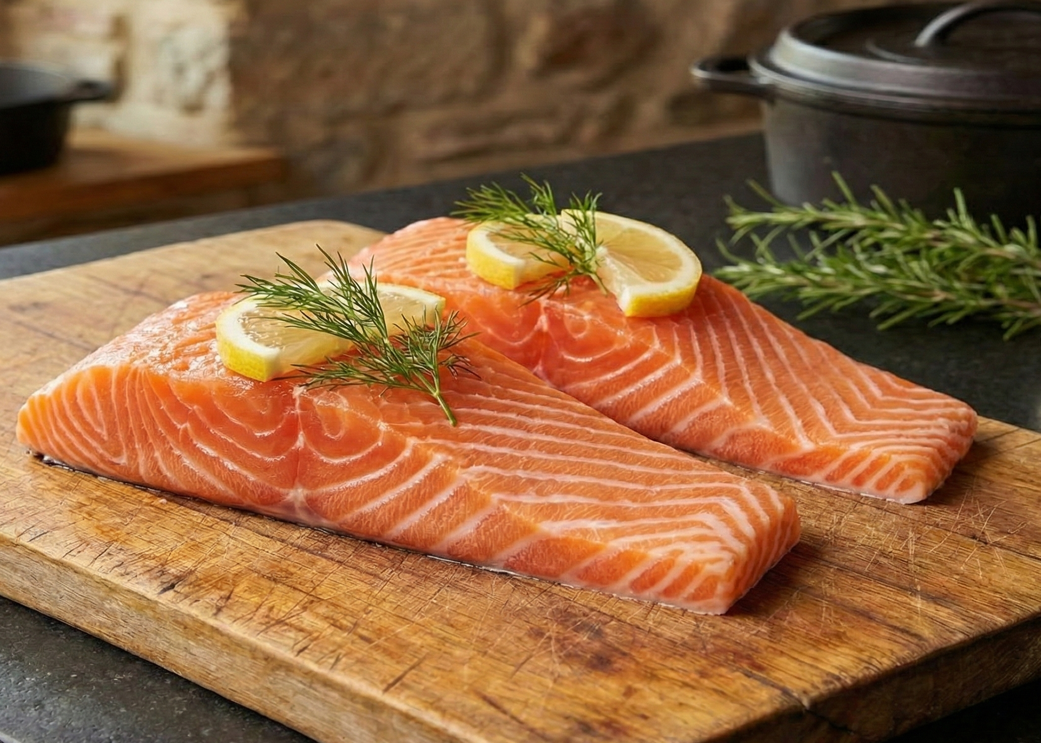Keta Salmon Portions on a wooden board