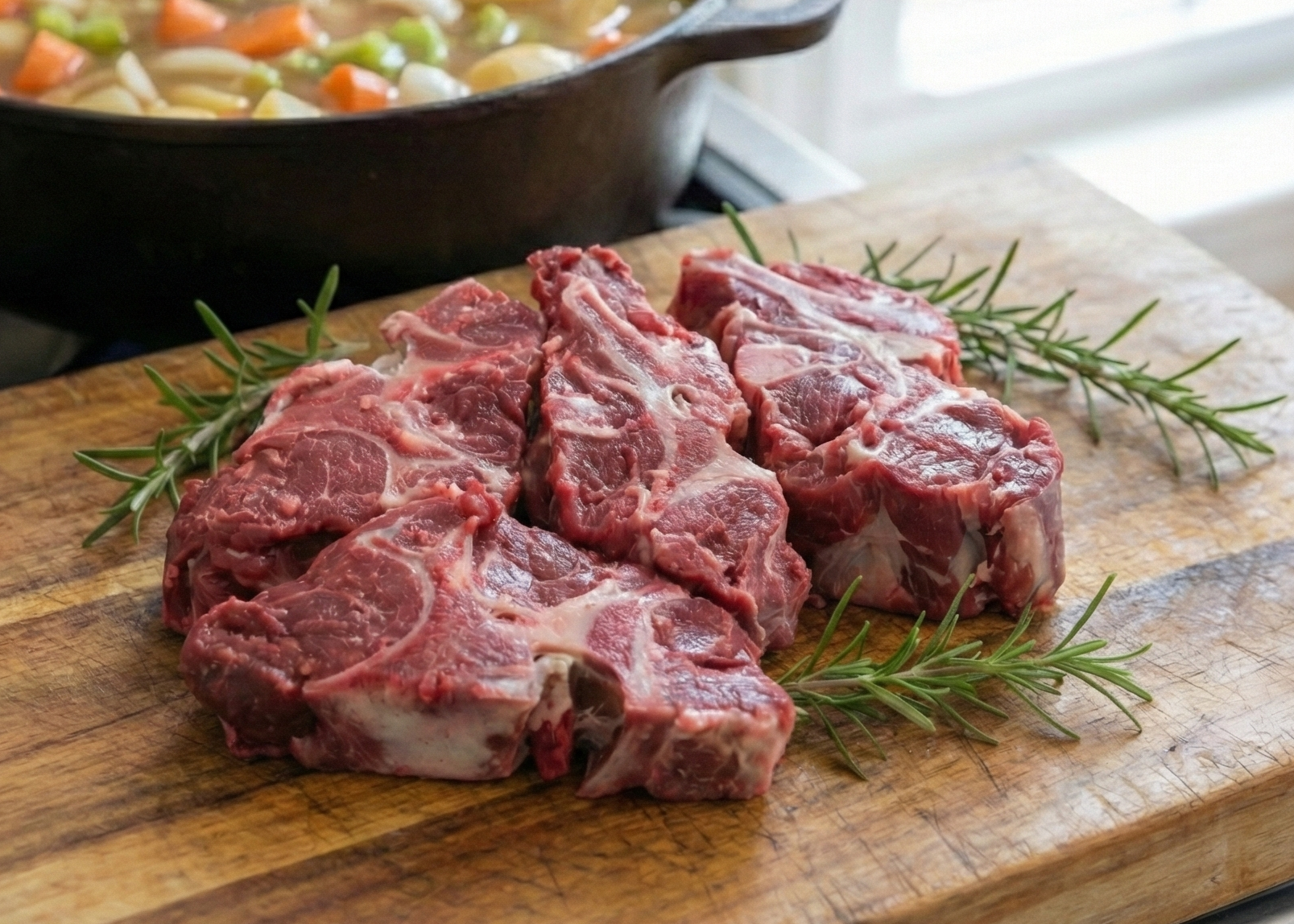 Meaty Beef Neck Soup Bones on a wooden board