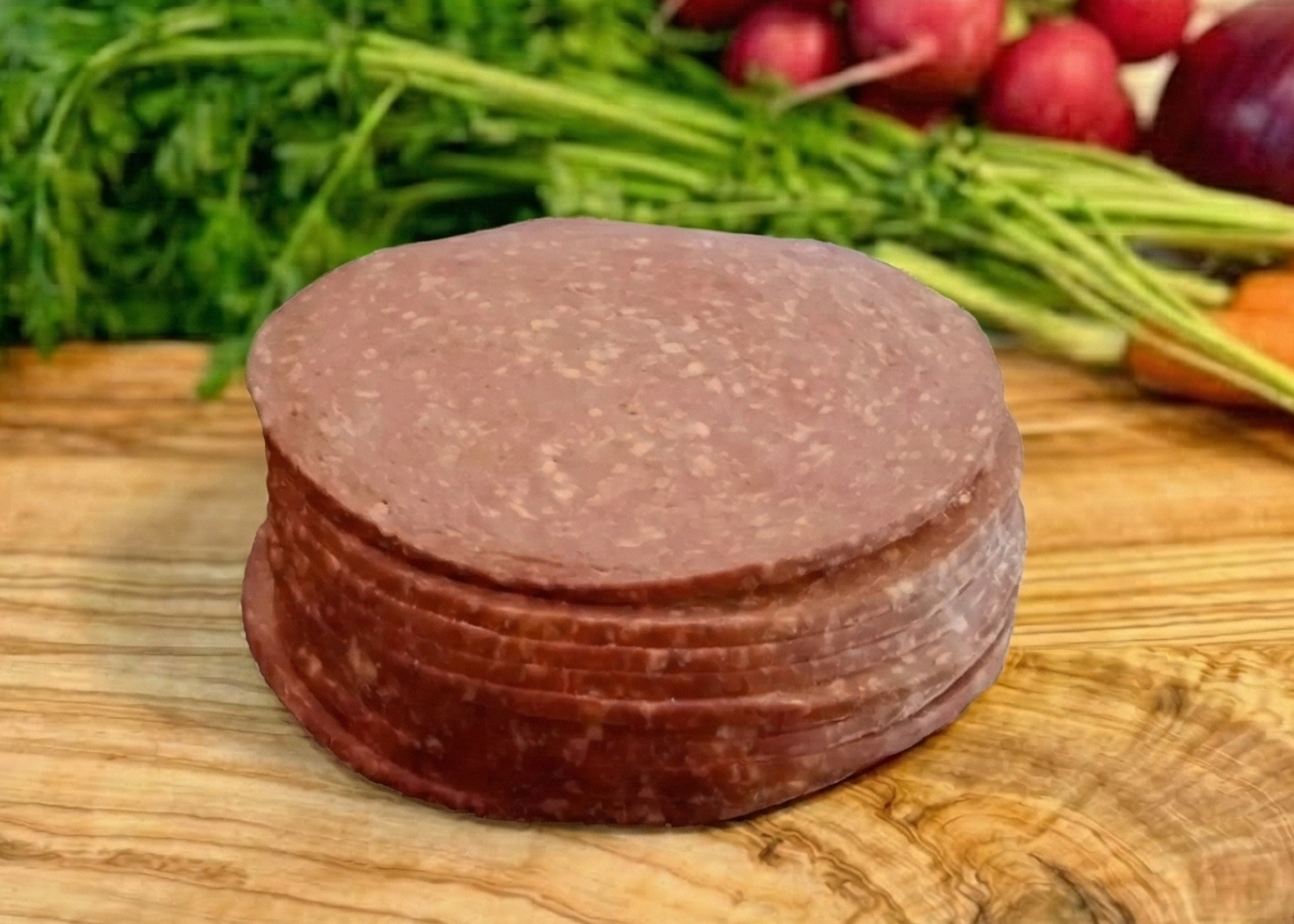 Old Fashioned Beef Bologna on a wooden board
