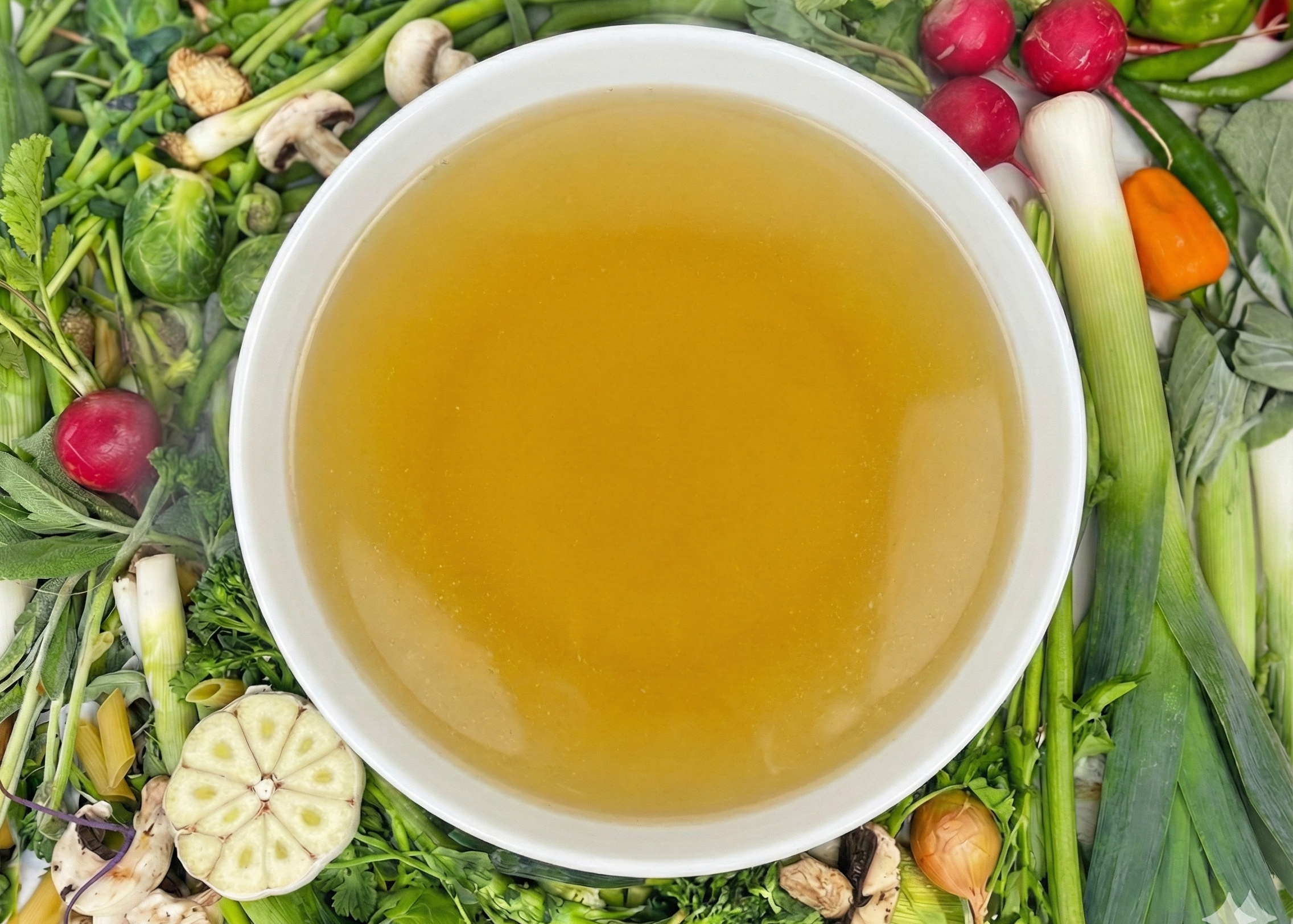 Bowl of Omega-3 Chicken Broth Quart surrounded by fresh vegetables on a white background