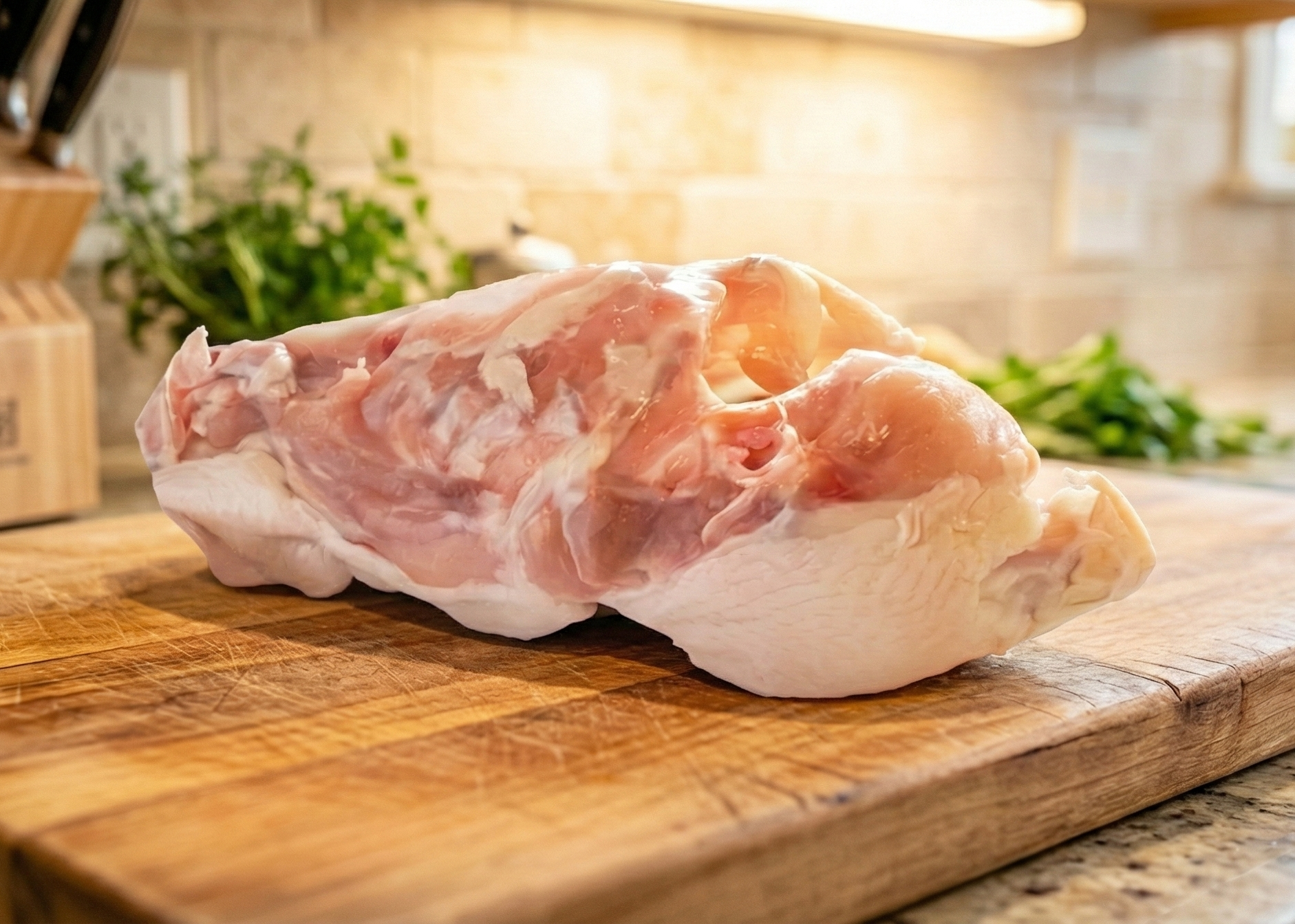 Omega-3 Chicken Carcass Dog Bones on a wooden cutting board in a kitchen setting