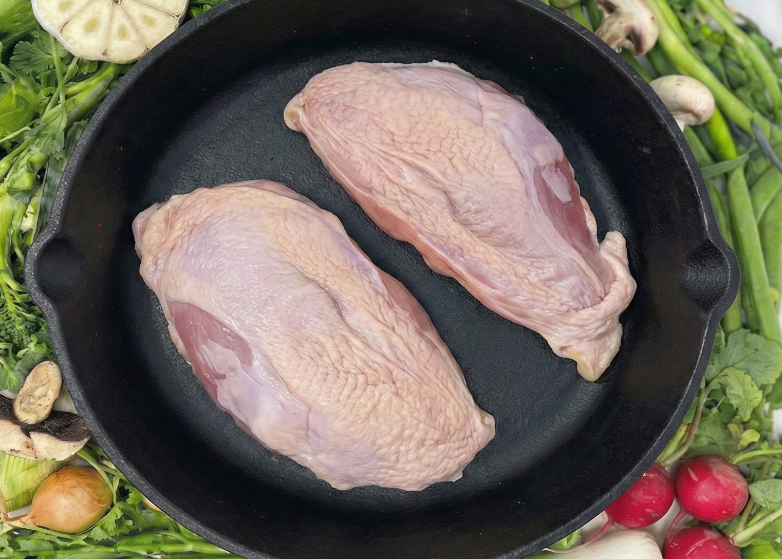 Two pieces of omega-a Chicken Skin-On Breasts  in a black skillet surrounded by fresh vegetables on a white background