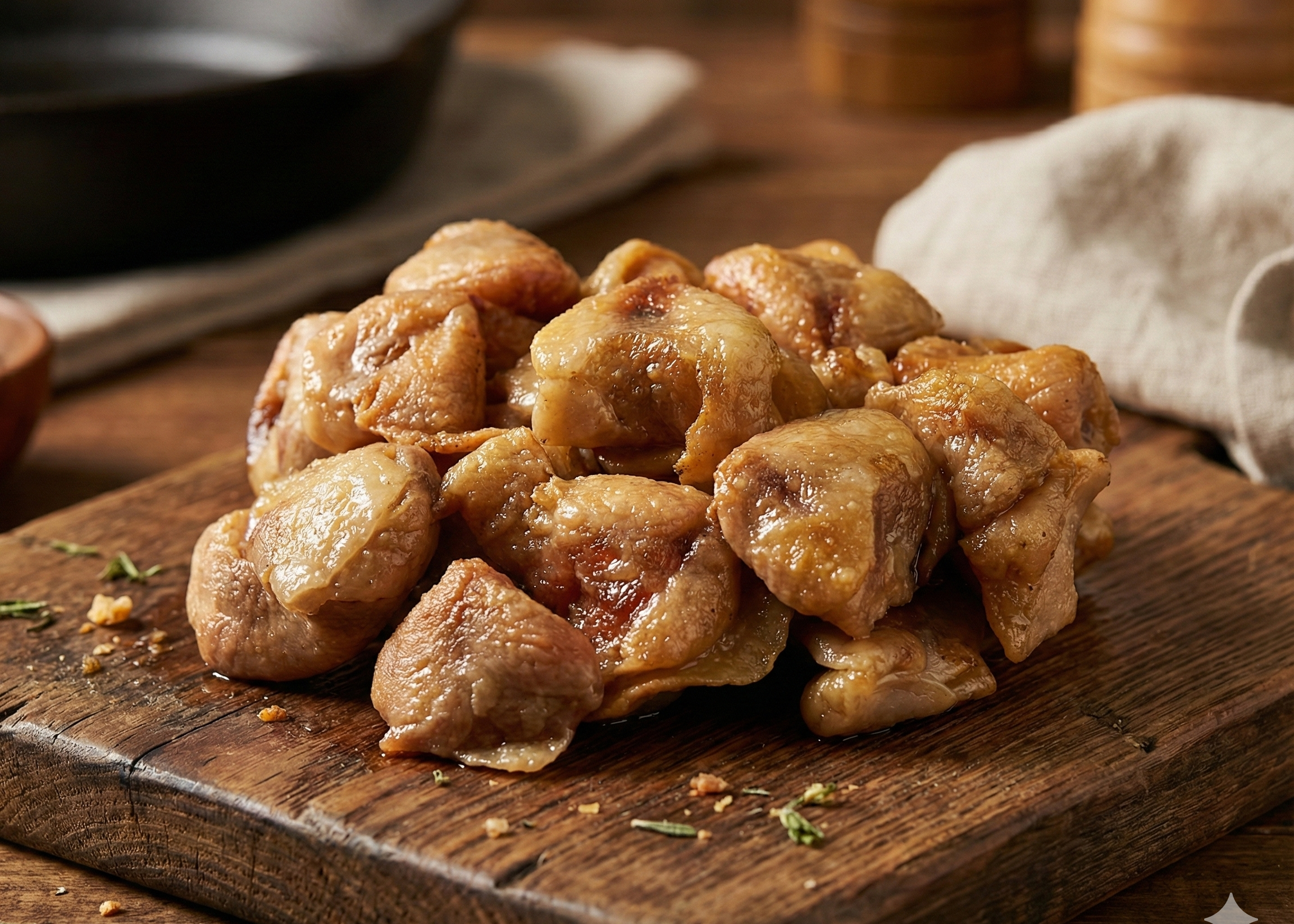 Omega-3 Chicken Tails on a wooden cutting board with a rustic background