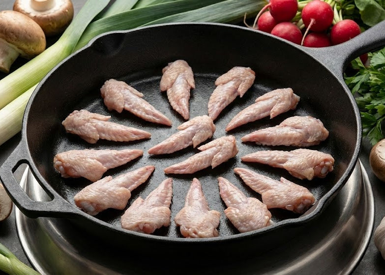 Raw Omega-3 Chicken Wing Tips in a cast iron skillet with vegetables on a wooden surface