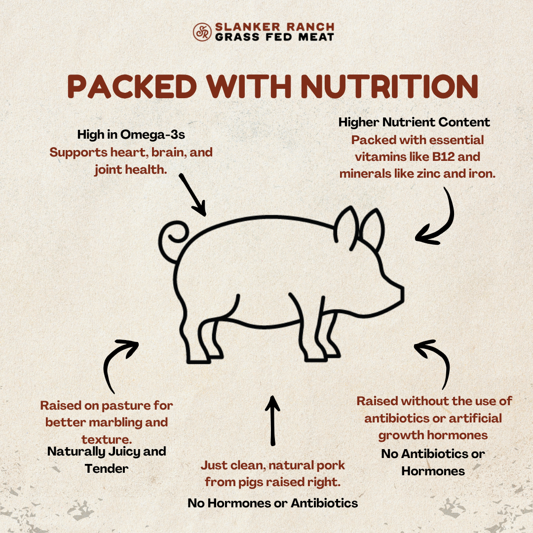 Diagram of a Omega-3 pork, highlighting nutritional benefits and farming practices.