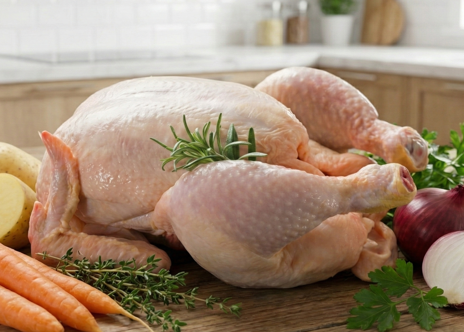Omega-3 Whole Chicken Fryer on a wood board