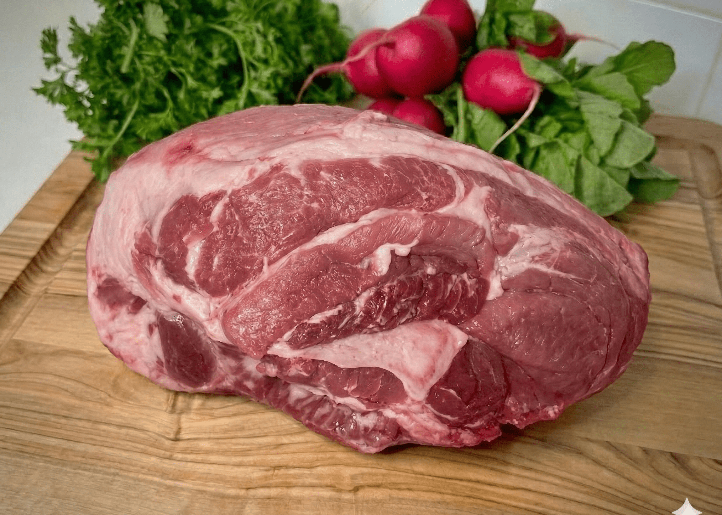 Raw Omega-3 Whole Ham on a wooden cutting board with radishes and greens in the background