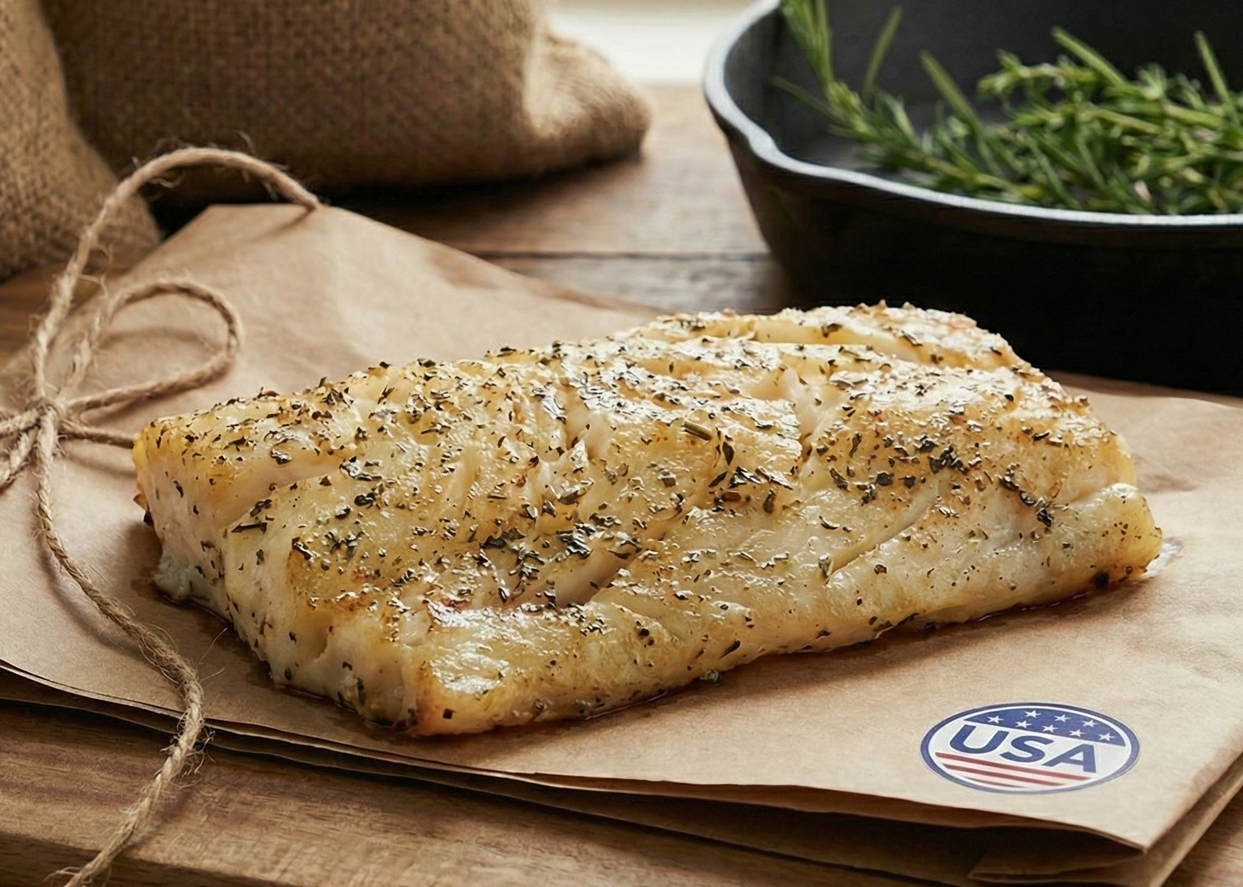 Pacific Cod Steak Portions on a wooden board and brown paper bag