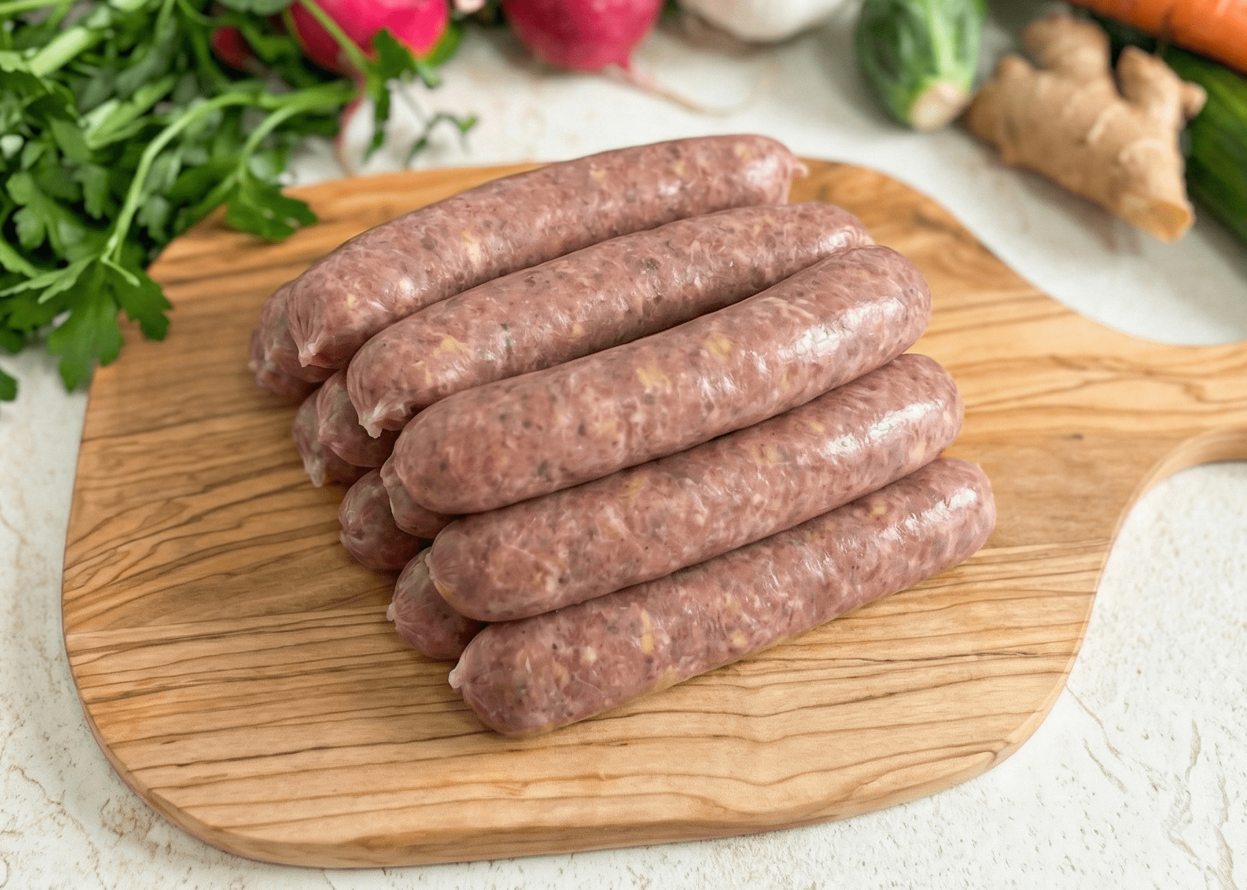 Raw 50/50 Breakfast Links on a wooden cutting board with vegetables in the background