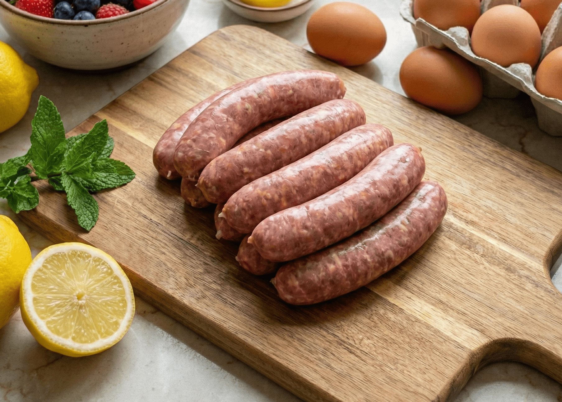 Raw Pork Breakfast Sausage Links on a wooden cutting board with lemons, berries, and eggs on a marble surface.