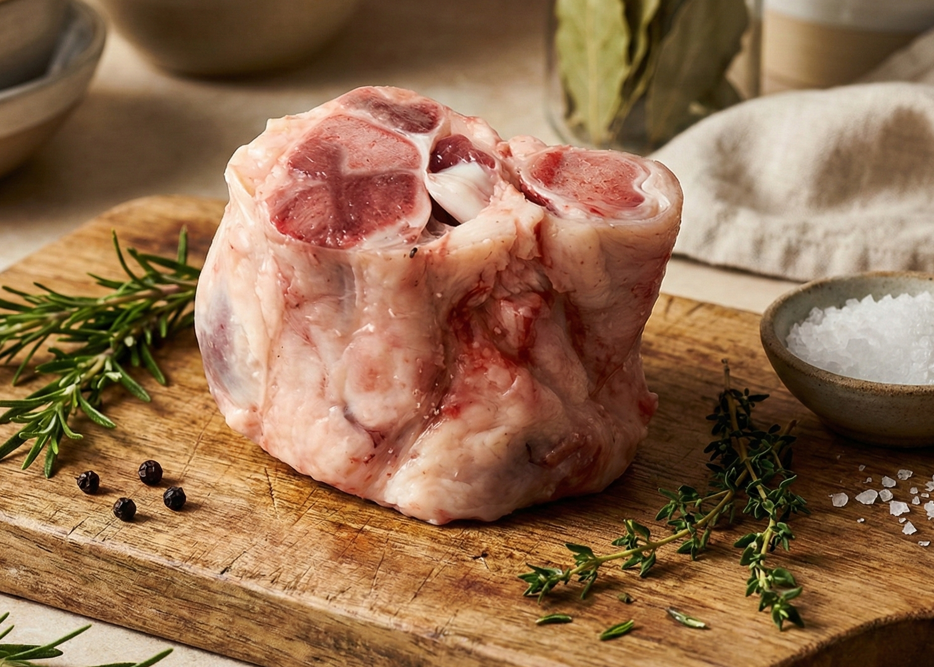 Raw Pork Hocks on a wooden cutting board with herbs and salt, set against a kitchen backdrop.