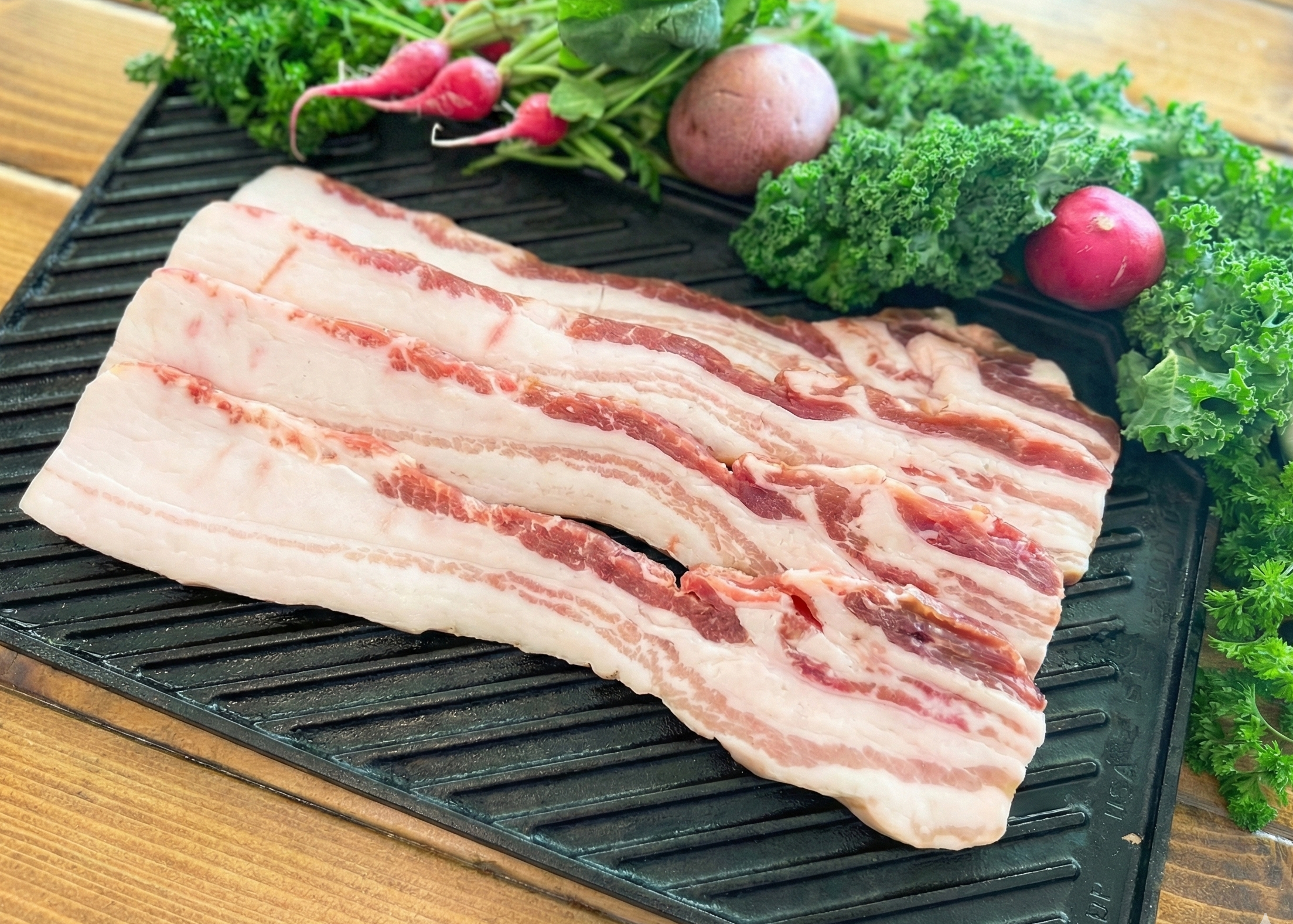 Raw bacon on a grill pan with vegetables on a wooden surface