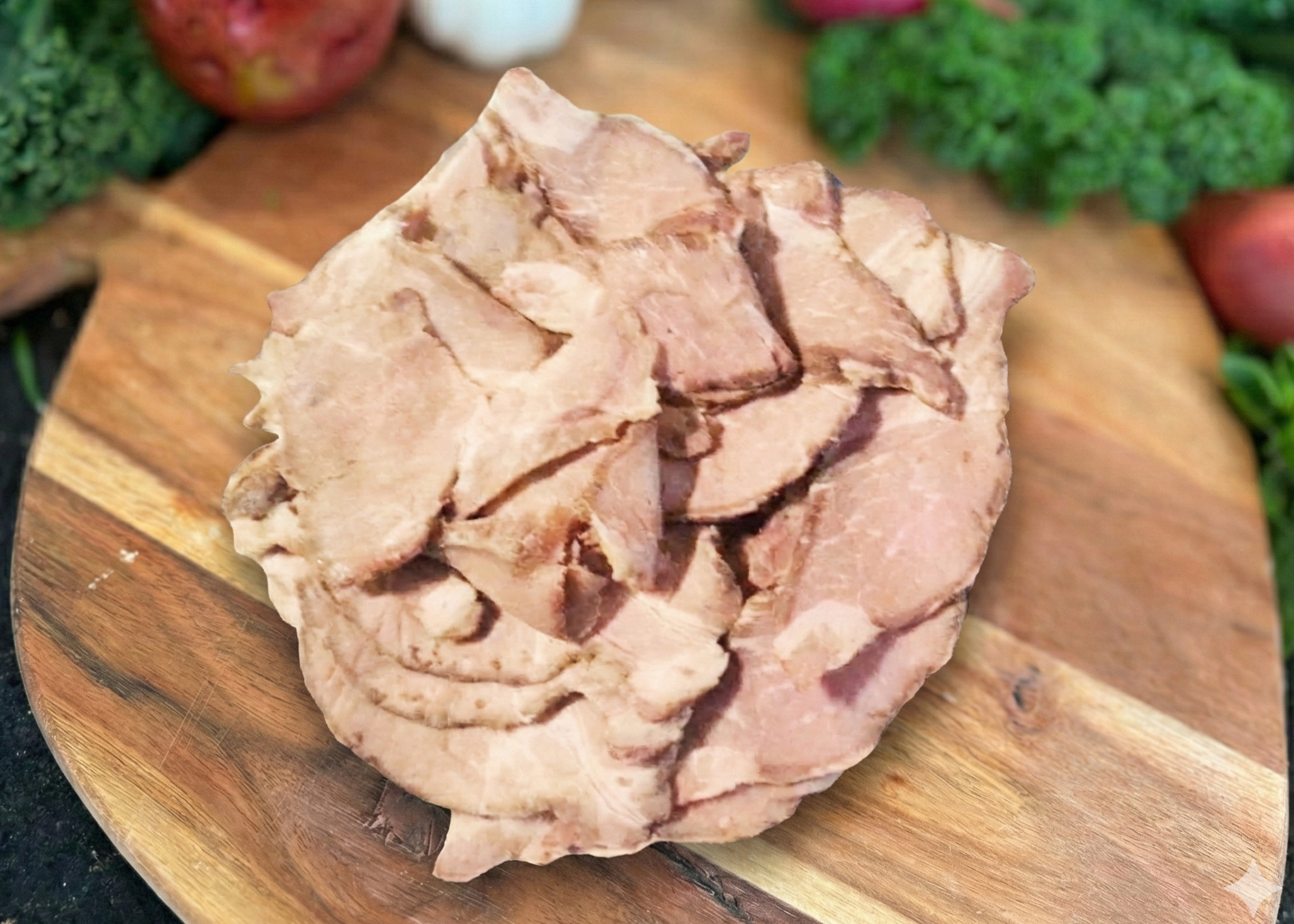 Raw Smoked Arkansas Bacon on a wooden cutting board with vegetables in the background
