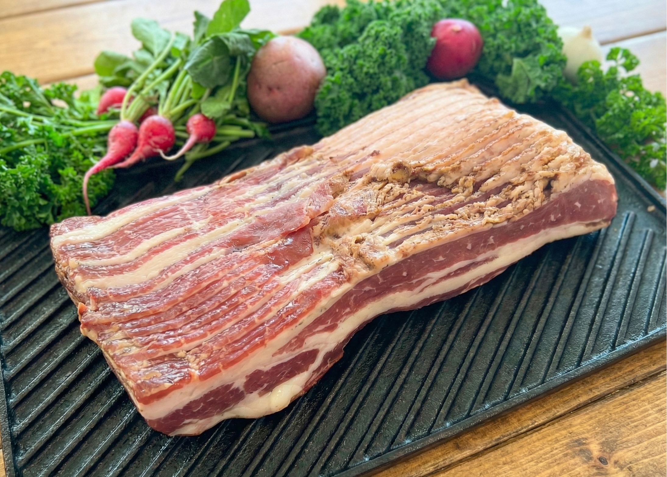Smoked Beef Bacon on a grill pan with vegetables on a wooden surface