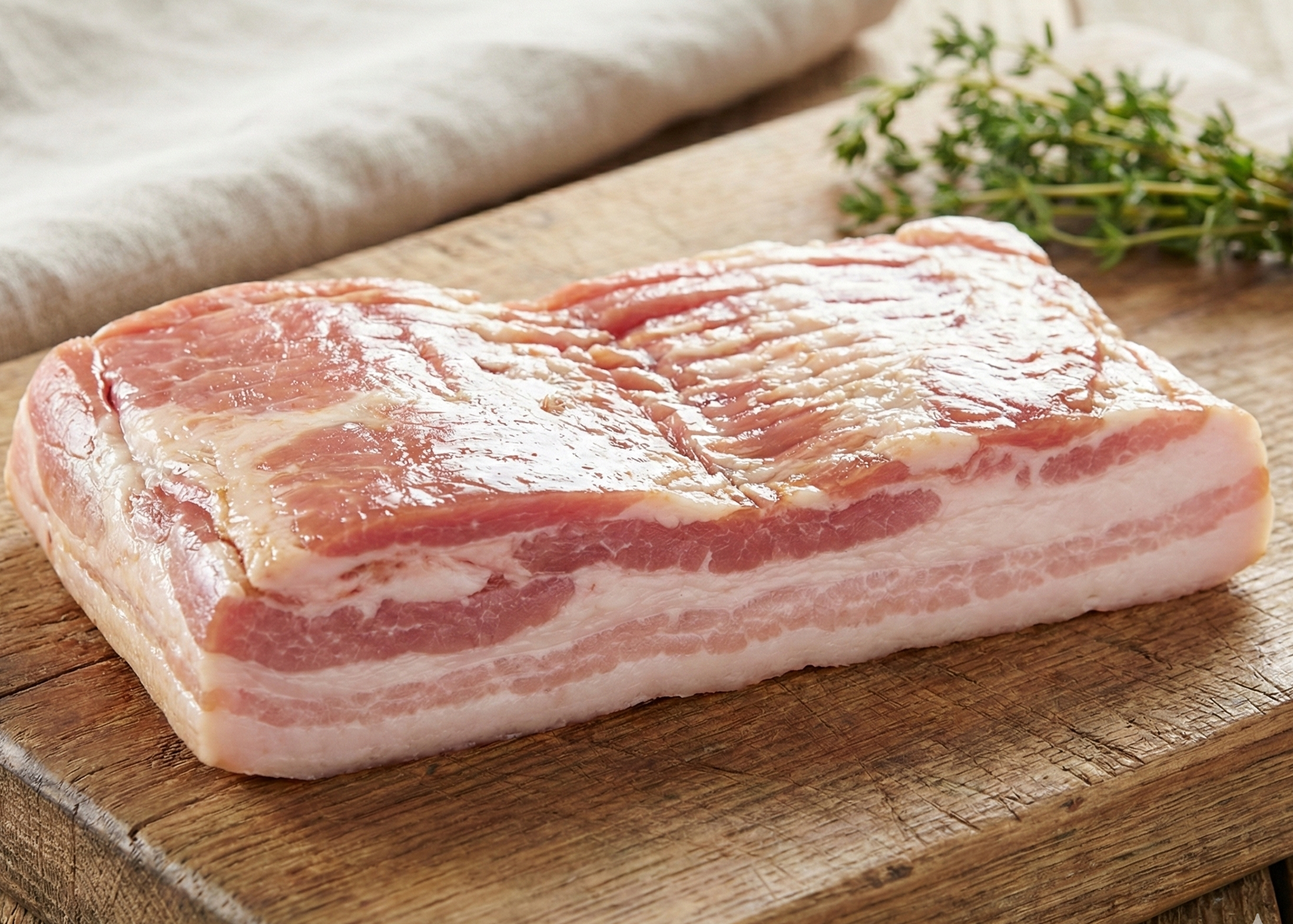 Raw Smoked Pork Bacon on a wooden cutting board with herbs in the background