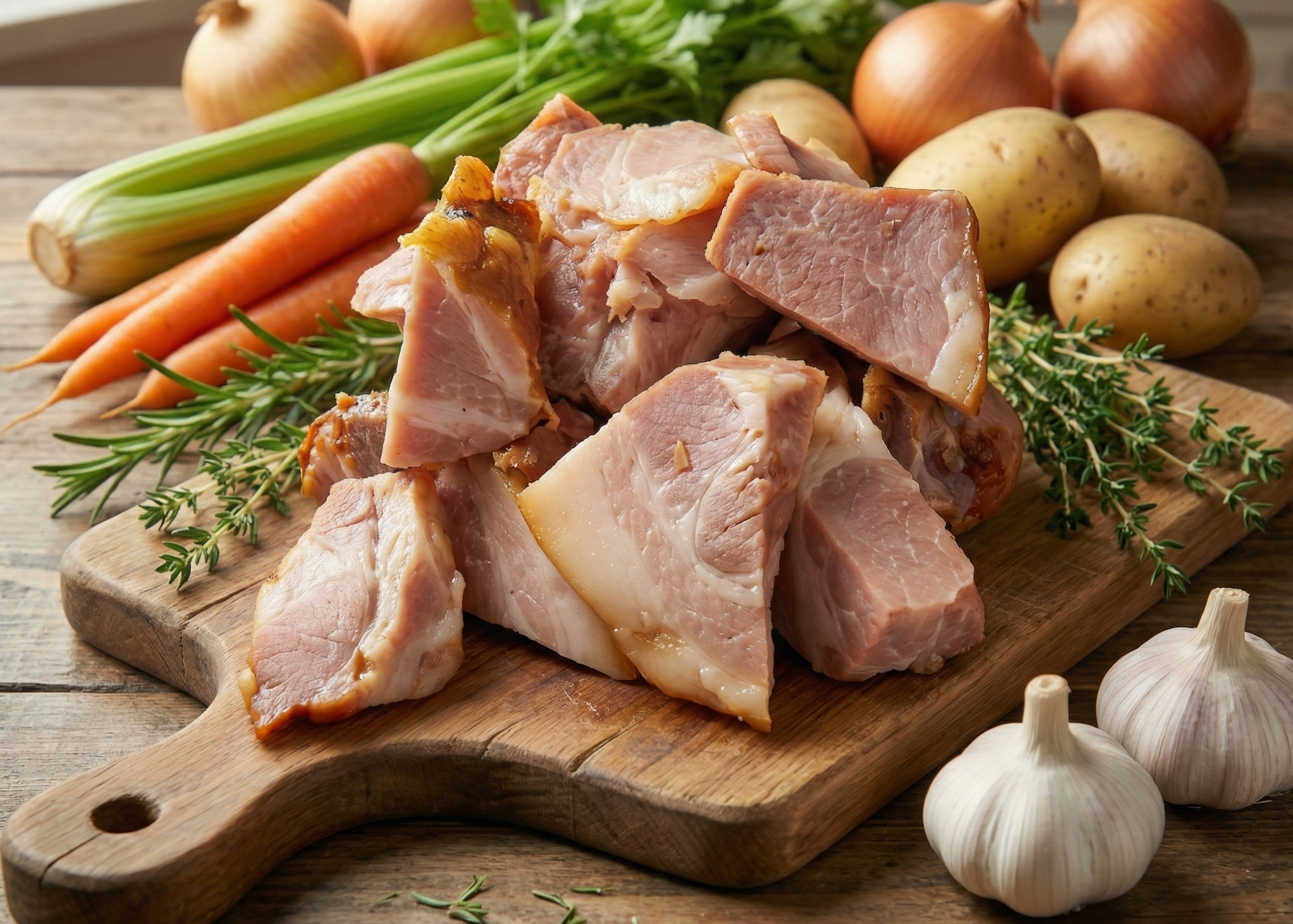 Raw Smoked Pork Bacon Ends on a wooden cutting board with vegetables on a rustic wooden table