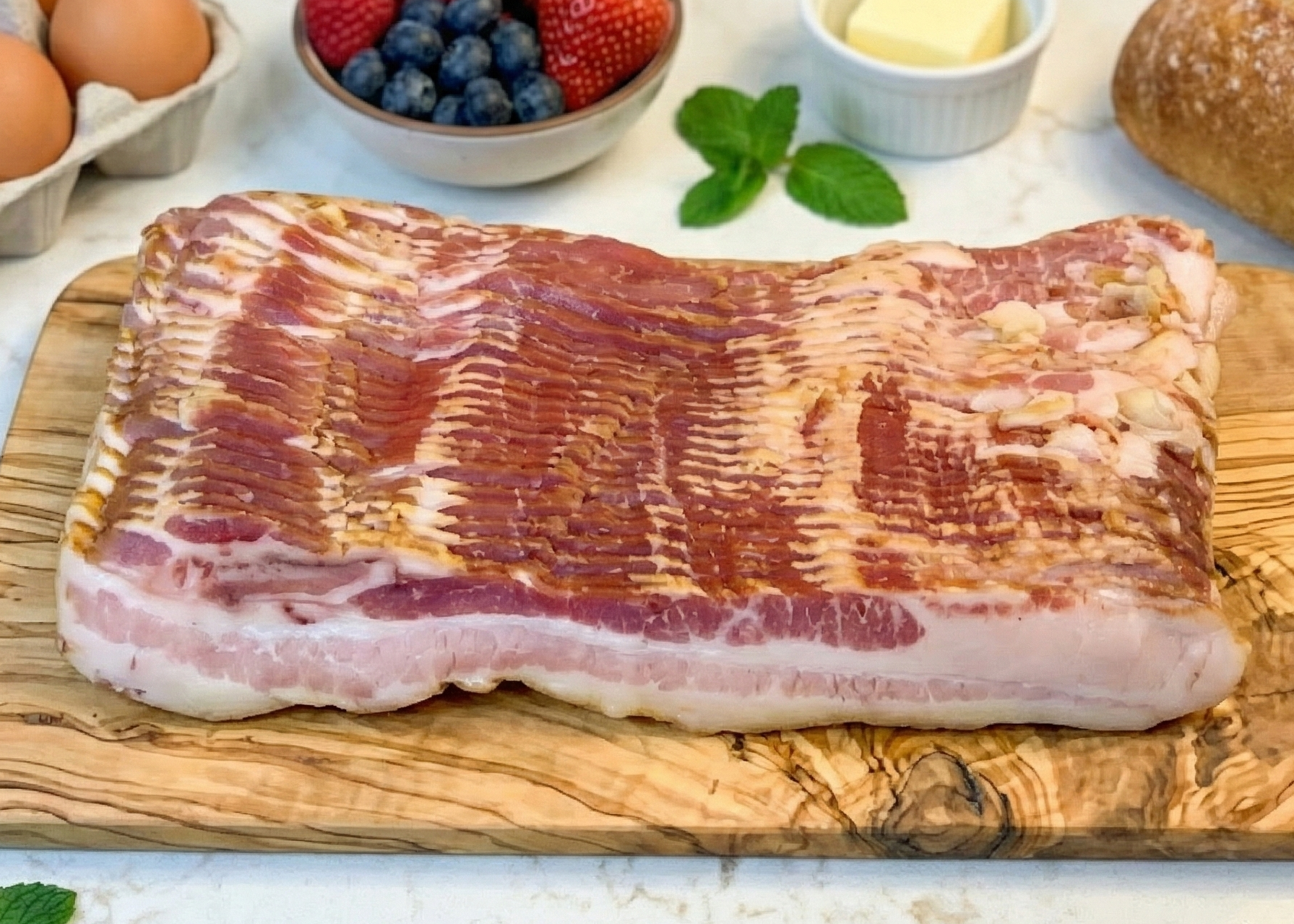Smoked Pork Bacon (Medium Sliced) on a wood board